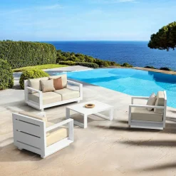 Salon De Jardin|MOBELLIA Salon de jardin aluminium 4 places 4 pcs Elba Blanc et beige Blanc - Beige