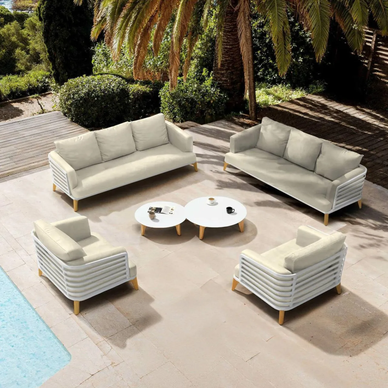 Salon De Jardin|MOBELLIA Salon de jardin aluminium 8 places 6 pcs Monte Carlo Blanc et beige Blanc - Beige