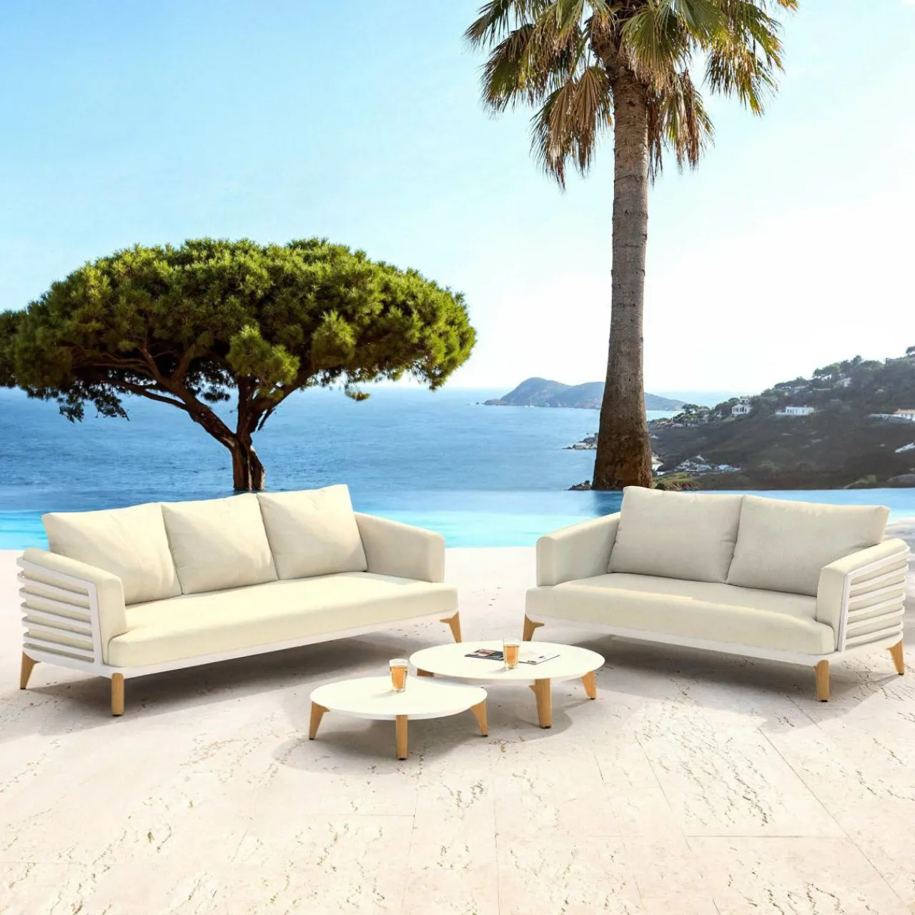 Salon De Jardin|MOBELLIA Salon de jardin aluminium 5 places 4 pcs Monte Carlo Blanc et beige Blanc - Beige