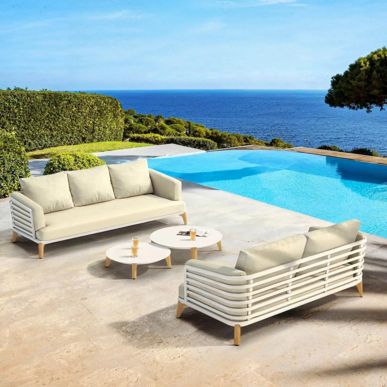 Salon De Jardin|MOBELLIA Salon de jardin aluminium 5 places 4 pcs Monte Carlo Blanc et beige Blanc - Beige