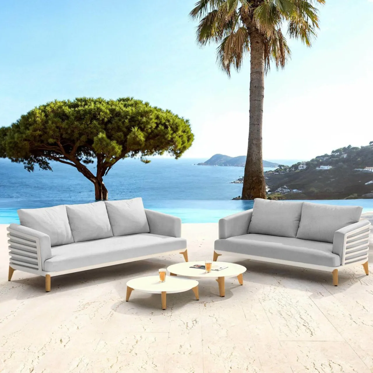 Salon De Jardin|MOBELLIA Salon de jardin aluminium 5 places 4 pcs Monte Carlo Blanc et gris clair Blanc - Gris Clair