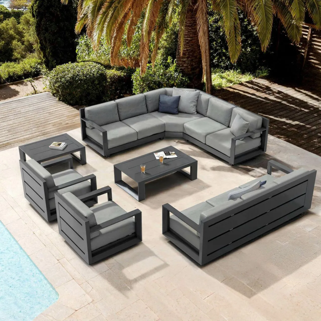 Salon De Jardin|MOBELLIA Salon de jardin d'angle aluminium 10 places Elba Gris Anthracite