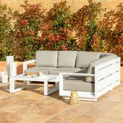 Salon De Jardin|MOBELLIA Salon de jardin d'angle aluminium 5 places Elba Blanc et taupe Blanc - Taupe