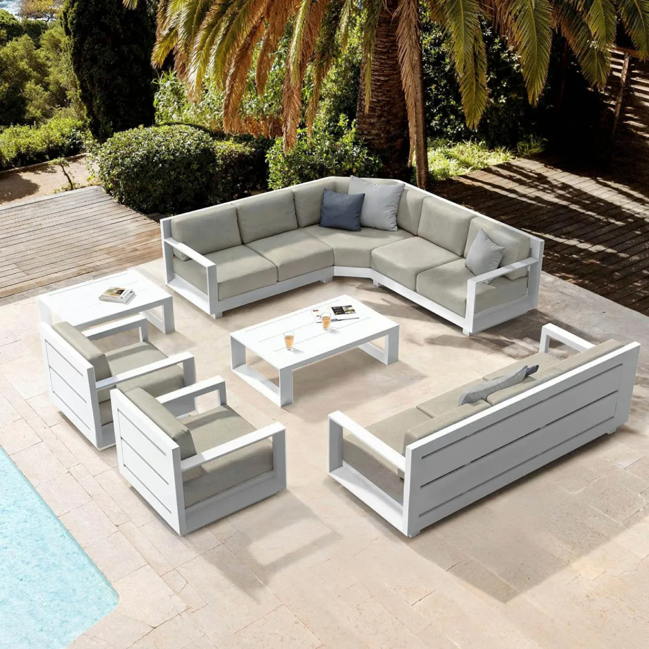 Salon De Jardin|MOBELLIA Salon de jardin d'angle aluminium 10 places Elba Blanc et taupe Blanc - Taupe
