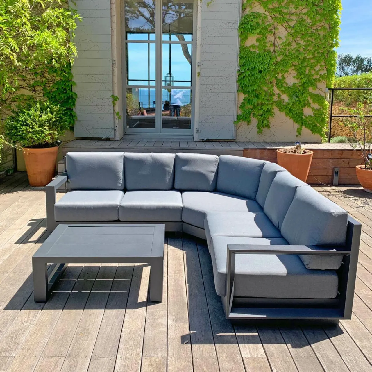 Salon De Jardin|MOBELLIA Salon de jardin d'angle aluminium 5 places Elba Gris Anthracite