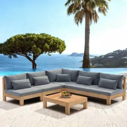 Salon De Jardin|MOBELLIA Salon de jardin d'angle en bois d'acacia 6 places 5 pcs Borneo Gris Anthracite