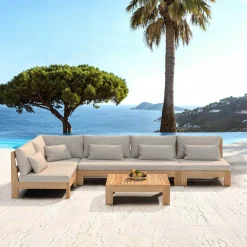 Salon De Jardin|MOBELLIA Salon de jardin d'angle en bois d'acacia 6 places 5 pcs Borneo Sable