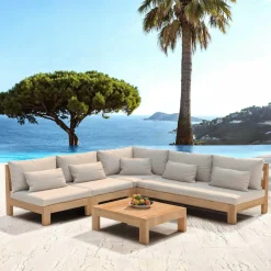 Salon De Jardin|MOBELLIA Salon de jardin d'angle en bois d'acacia 6 places 5 pcs Borneo Sable