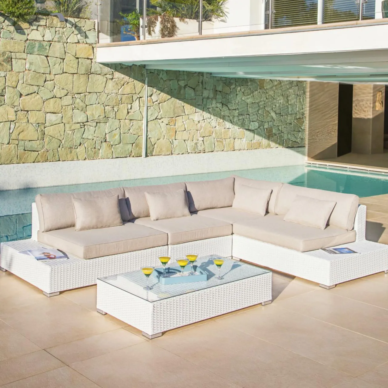 Salon De Jardin|MOBELLIA Salon de jardin d'angle en résine tressée 5 places Palma Blanc et taupe Tressé Blanc - Taupe