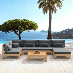 Salon De Jardin|MOBELLIA Salon de jardin d'angle en bois d'acacia 5 places 5 pcs Borneo Gris Anthracite