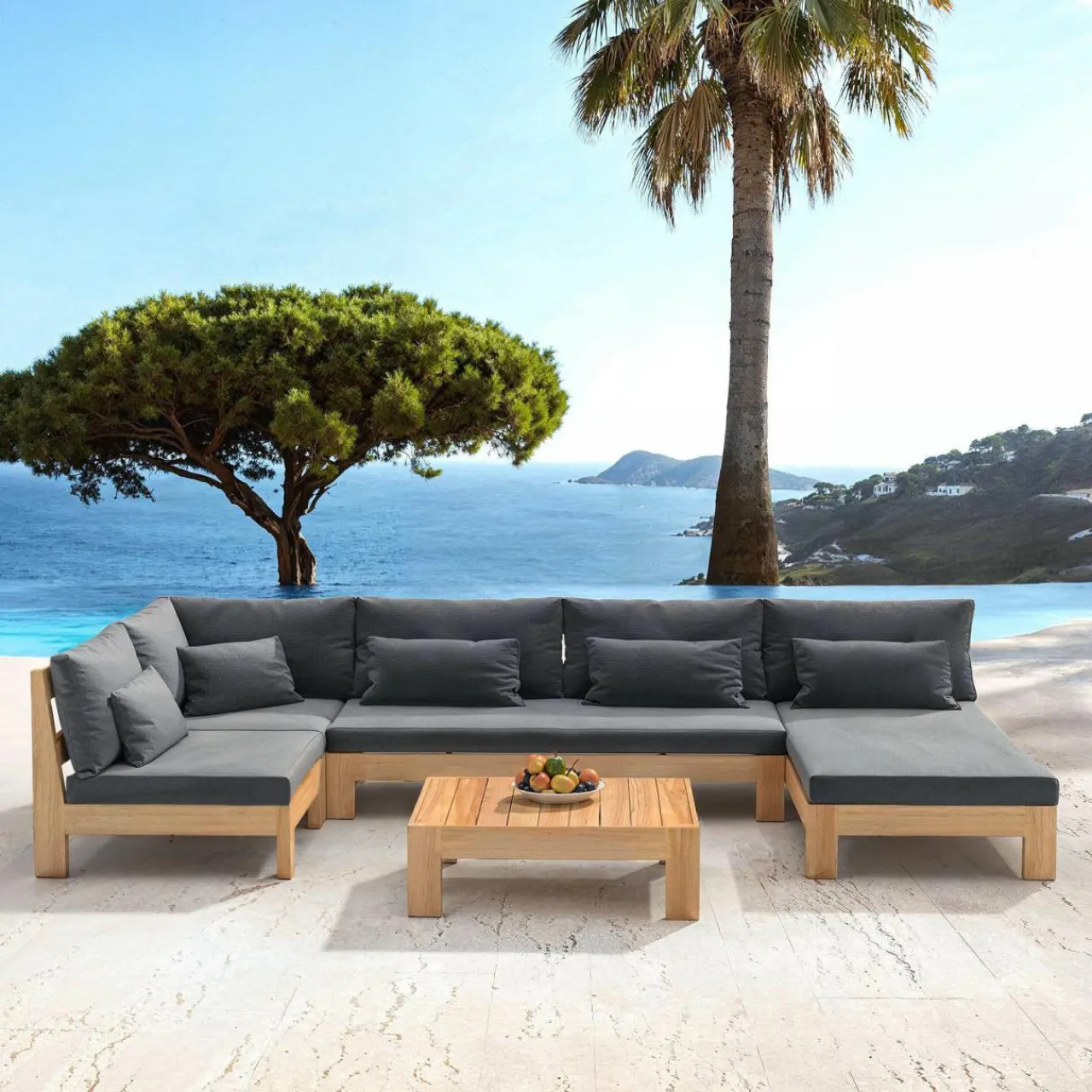 Salon De Jardin|MOBELLIA Salon de jardin d'angle en bois d'acacia 5 places 5 pcs Borneo Gris Anthracite