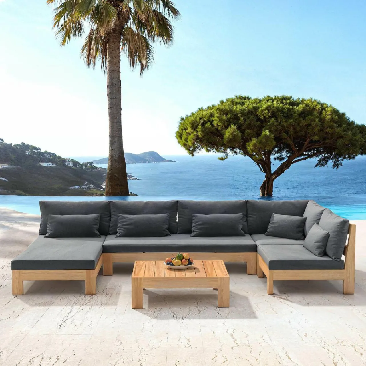 Salon De Jardin|MOBELLIA Salon de jardin d'angle en bois d'acacia 5 places 5 pcs Borneo Gris Anthracite