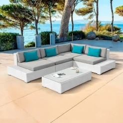 Salon De Jardin|MOBELLIA Salon de jardin d'angle en résine tressée 5 places Palma Blanc et gris Tresse Blanc - Gris