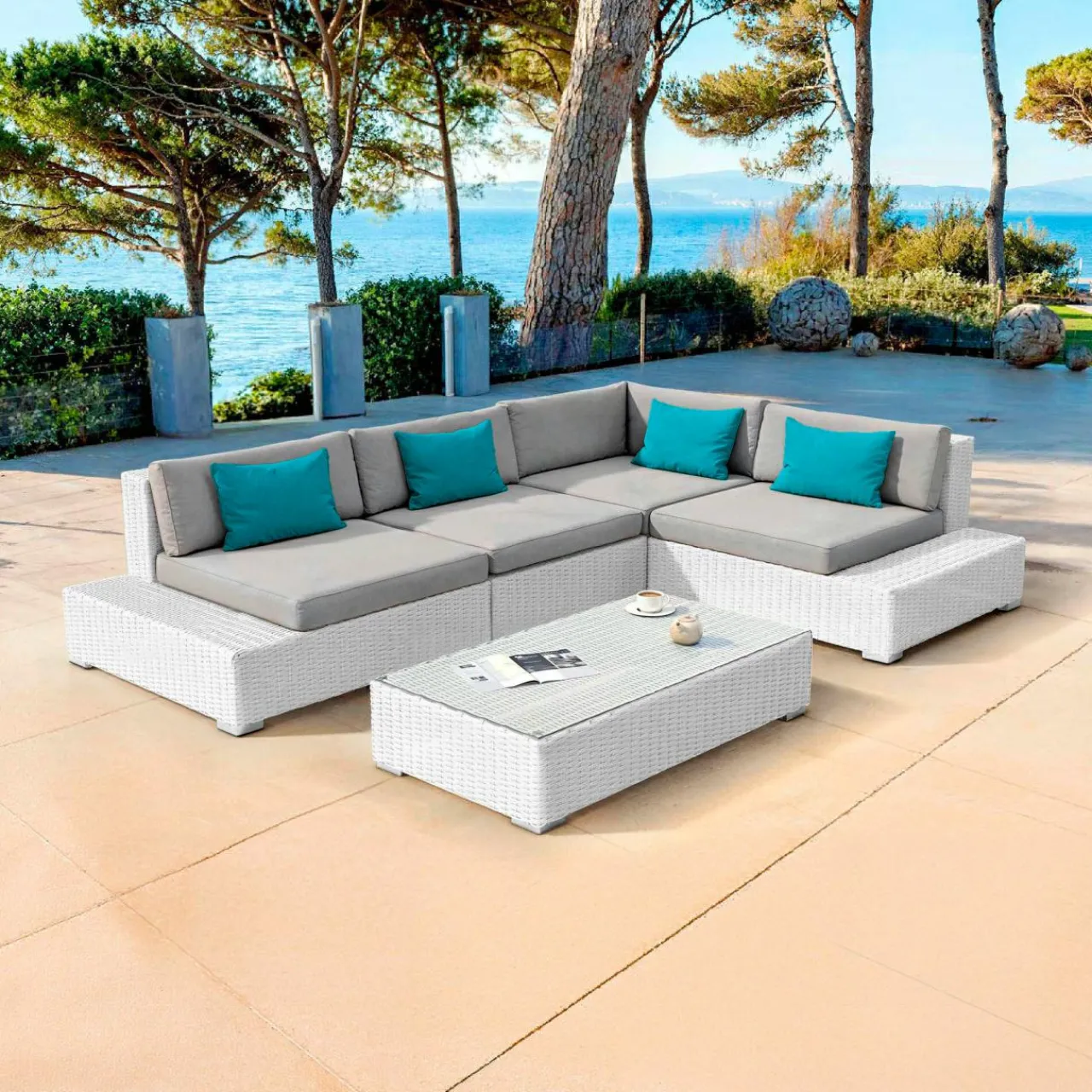 Salon De Jardin|MOBELLIA Salon de jardin d'angle en résine tressée 5 places Palma Blanc et gris Tresse Blanc - Gris