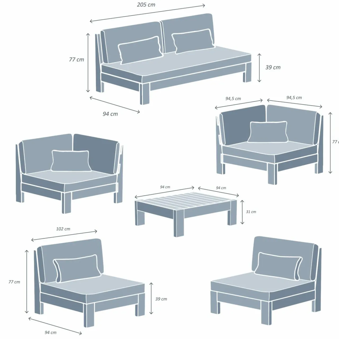 Salon De Jardin|MOBELLIA Salon de jardin d'angle en bois d'acacia 7 places 6 pcs Borneo Gris Anthracite