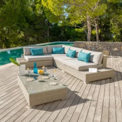 Salon De Jardin|MOBELLIA Salon de jardin d'angle en résine tressée 5 places Palma Gris Tresse Gris - Gris