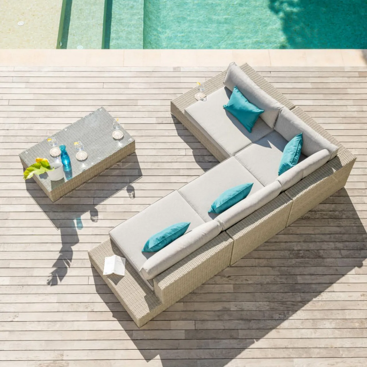 Salon De Jardin|MOBELLIA Salon de jardin d'angle en résine tressée 5 places Palma Gris Tresse Gris - Gris