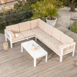 Salon De Jardin|MOBELLIA Salon de jardin d'angle en aluminium 6 places Ostara et taupe Blanc