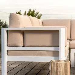 Salon De Jardin|MOBELLIA Salon de jardin d'angle en aluminium 6 places Ostara et taupe Blanc