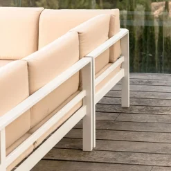 Salon De Jardin|MOBELLIA Salon de jardin d'angle en aluminium 6 places Ostara et taupe Blanc