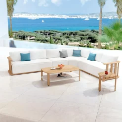 Salon De Jardin|MOBELLIA Salon de jardin d'angle en bois teck 6 places Java Ecru