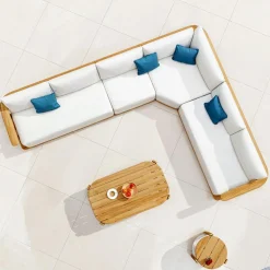 Salon De Jardin|MOBELLIA Salon de jardin d'angle en bois teck 6 places Java Ecru