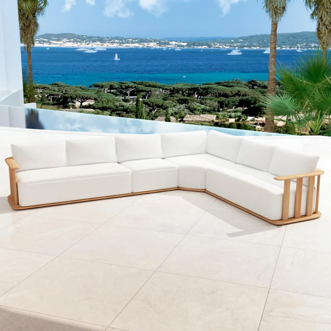 Salon De Jardin|MOBELLIA Salon de jardin d'angle en bois teck 6 places Java Ecru