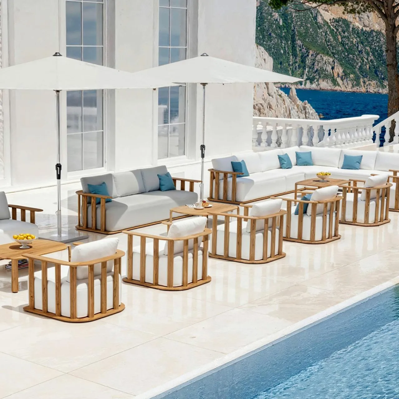 Salon De Jardin|MOBELLIA Salon de jardin d'angle en bois teck 6 places Java Ecru