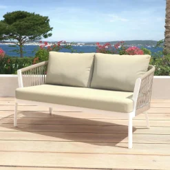 Salon De Jardin|MOBELLIA Salon de jardin en aluminium 7 places 5 pcs Amalfi Blanc et beige Blanc - Beige