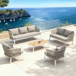 Salon De Jardin|MOBELLIA Salon de jardin en aluminium 7 places 5 pcs Amalfi Blanc et taupe Blanc - Taupe
