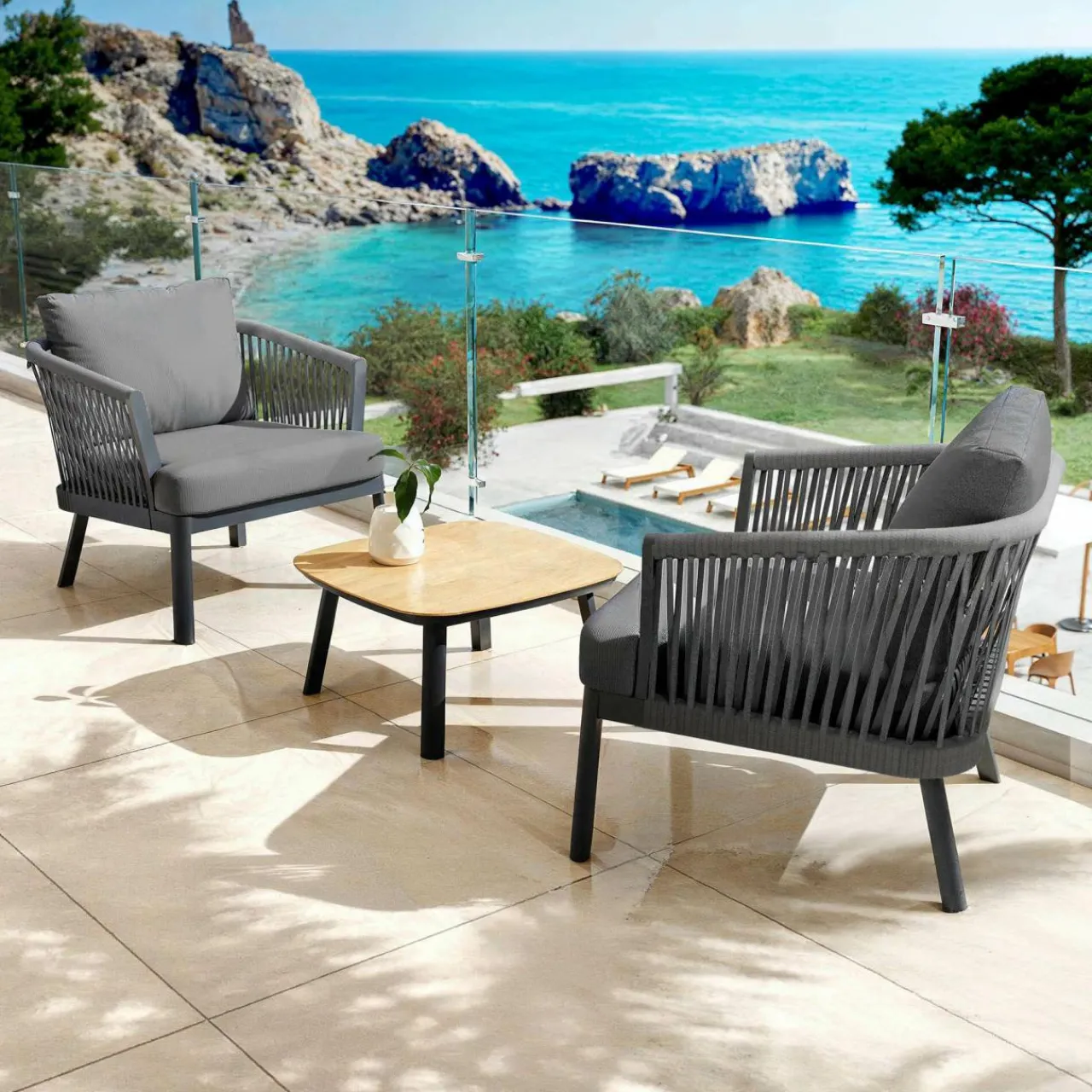 Salon De Balcon|Salon De Jardin|MOBELLIA Salon de jardin en aluminium 2 places 3 pcs Amalfi Gris Anthracite