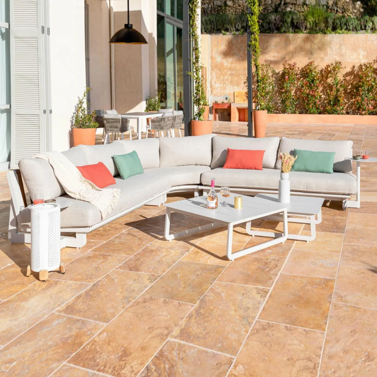 Salon De Jardin|MOBELLIA Salon de jardin en aluminium 7 places Long Beach Blanc
