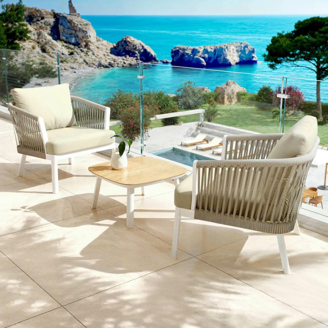 Salon De Balcon|Salon De Jardin|MOBELLIA Salon de jardin en aluminium 2 places 3 pcs Amalfi Blanc et beige Blanc - Beige