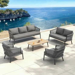Salon De Jardin|MOBELLIA Salon de jardin en aluminium 7 places 5 pcs Amalfi Gris Anthracite