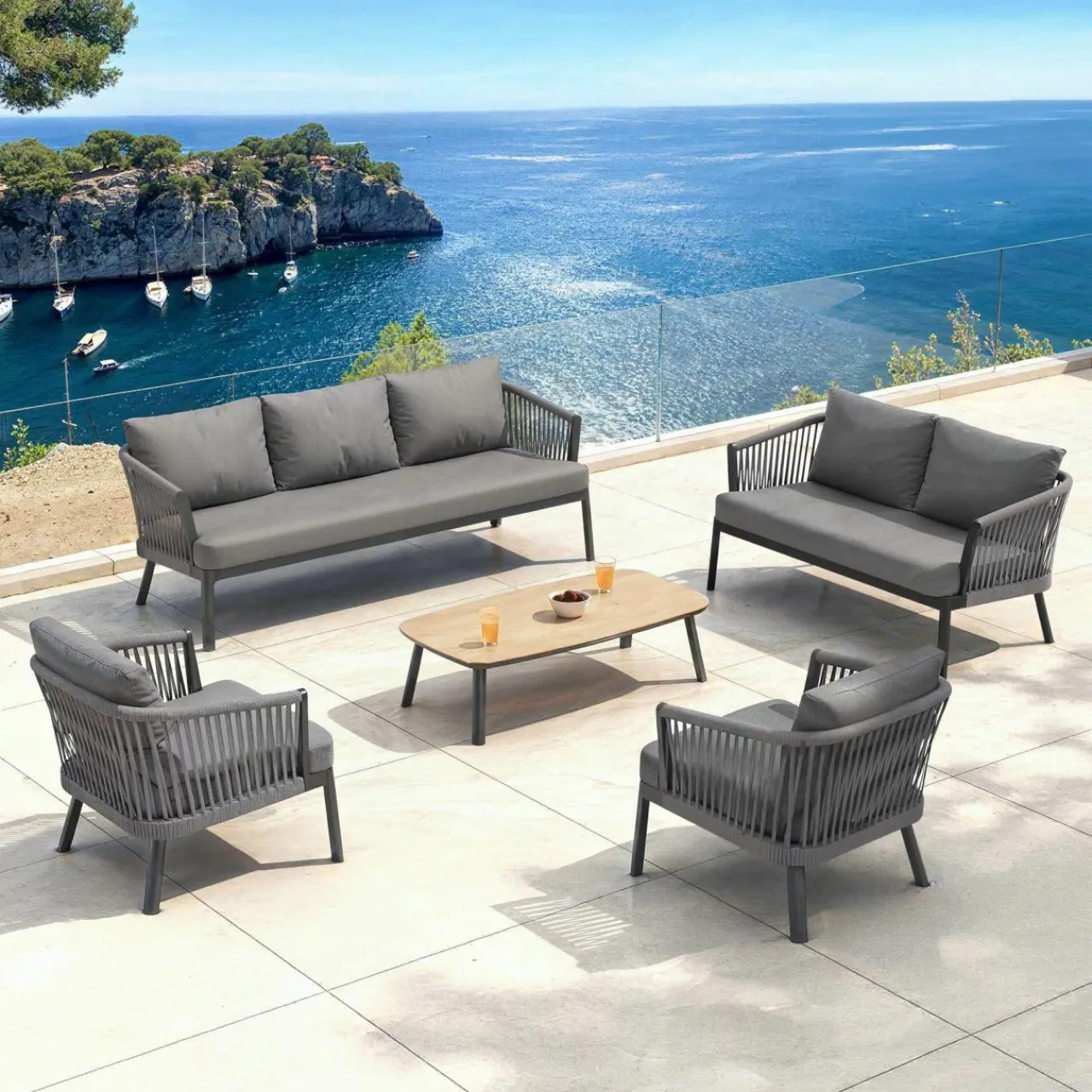 Salon De Jardin|MOBELLIA Salon de jardin en aluminium 7 places 5 pcs Amalfi Gris Anthracite