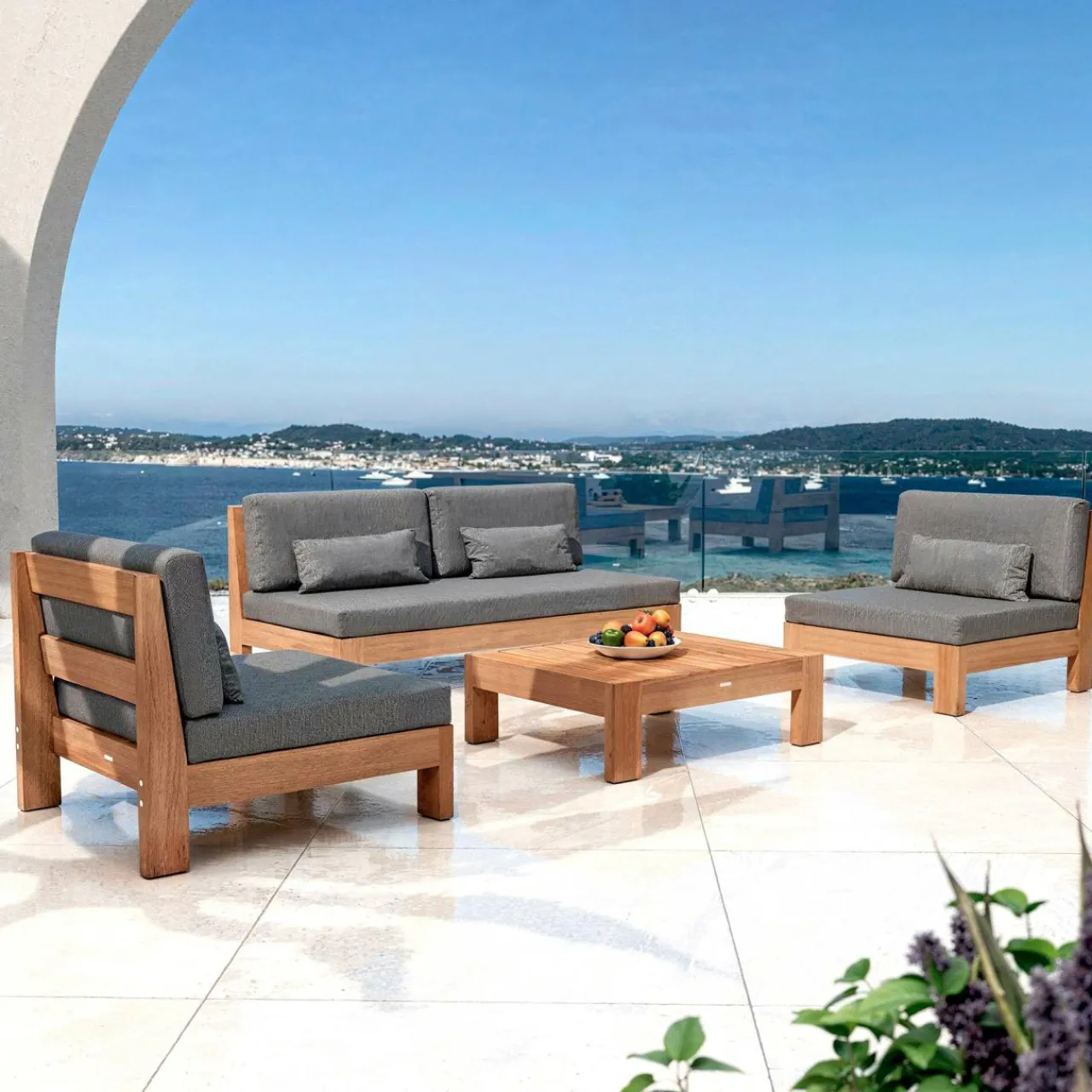 Salon De Jardin|MOBELLIA Salon de jardin en bois d'acacia 5 places 4 pcs Bornéo Gris Anthracite