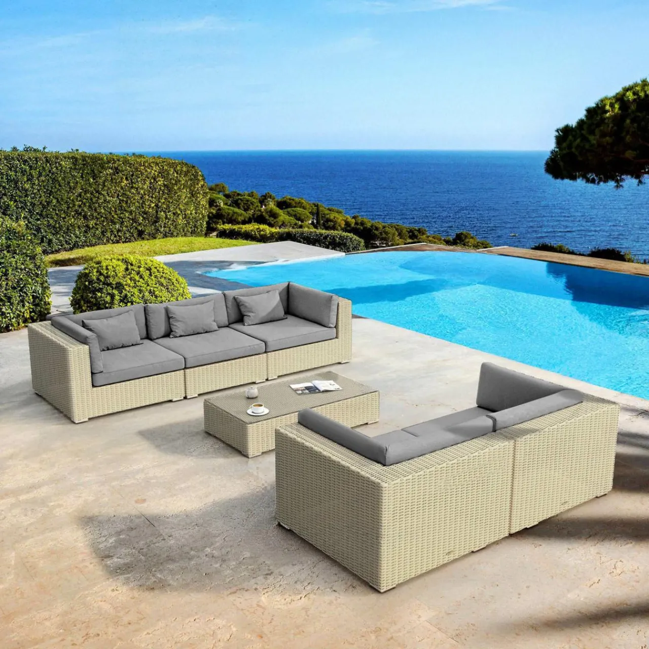 Salon De Jardin|MOBELLIA Salon de jardin en résine tressée 5 places 6 pcs Palma Gris et anthracite Tressé Gris - Anthracite