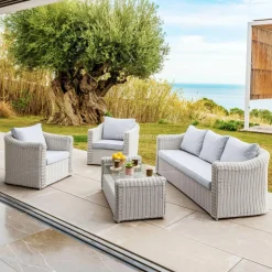 Salon De Jardin|MOBELLIA Salon de jardin en résine tressée 5 places 4 pcs Calvi Blanc et gris clair Tressé Blanc - Gris clair