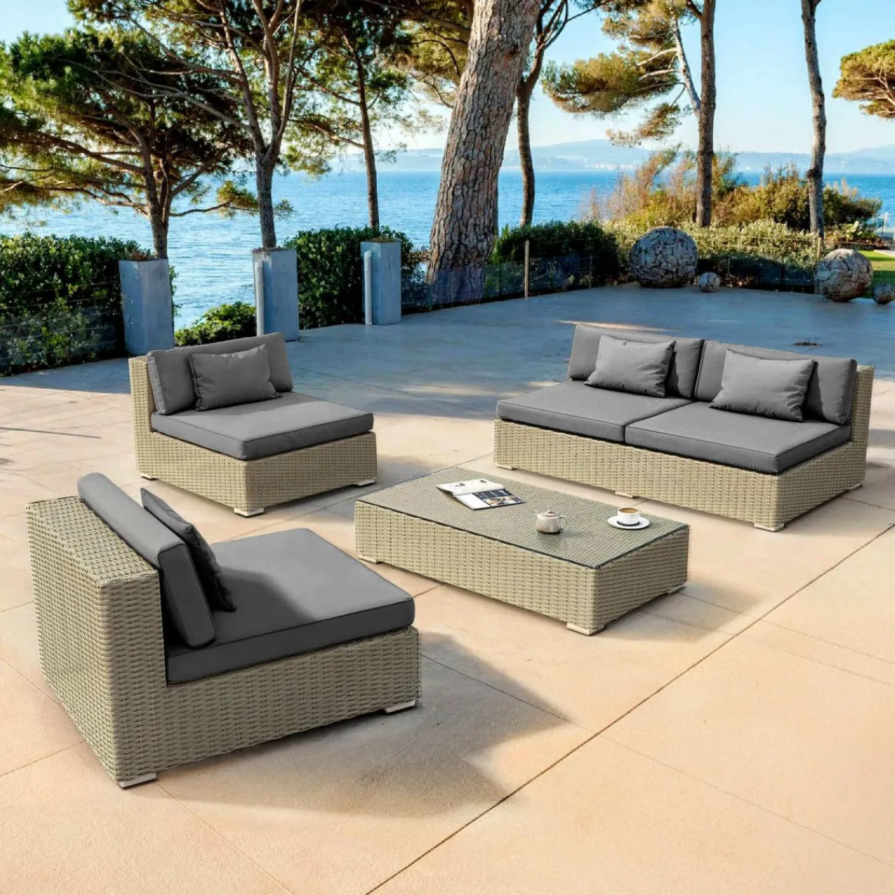 Salon De Jardin|MOBELLIA Salon de jardin en résine tressée 4 places 4 pcs Palma Gris et anthracite Tressé Gris - Anthracite