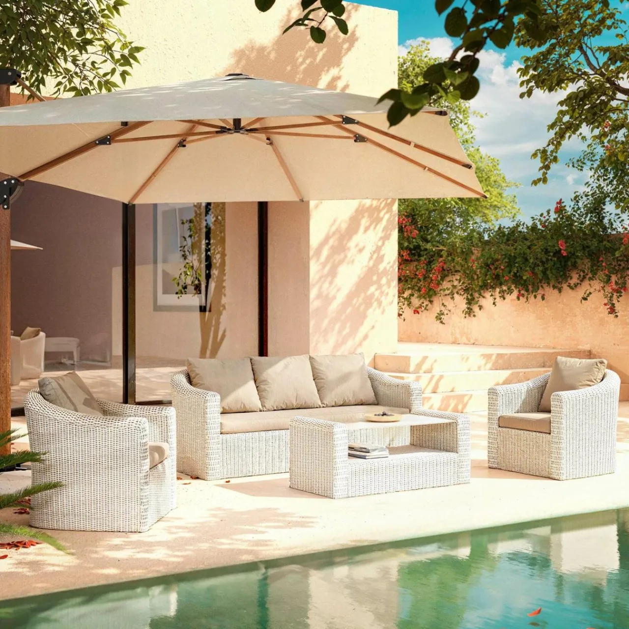 Salon De Jardin|MOBELLIA Salon de jardin en résine tressée 5 places 4 pcs Calvi Blanc et taupe Tressé Blanc - Taupe