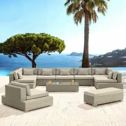 Salon De Jardin|MOBELLIA Salon de jardin en résine tressée 9 places 9 pcs Palma Gris et beige Tresse Gris - Beige