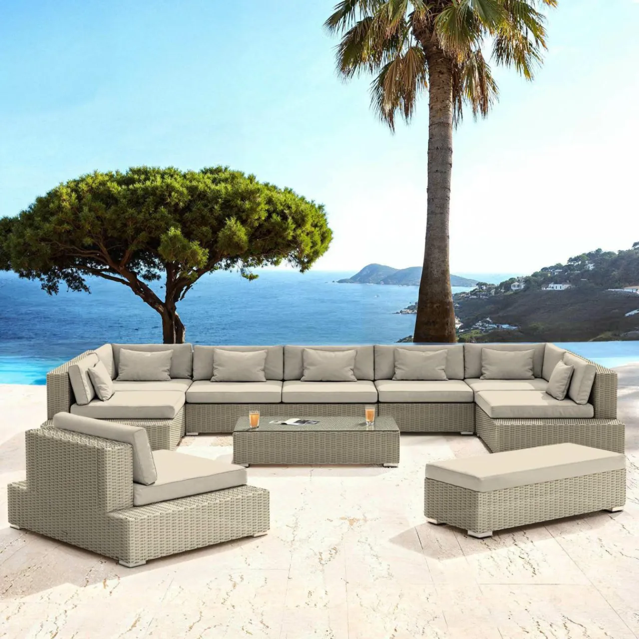 Salon De Jardin|MOBELLIA Salon de jardin en résine tressée 9 places 9 pcs Palma Gris et beige Tresse Gris - Beige