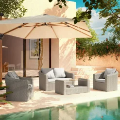 Salon De Jardin|MOBELLIA Salon de jardin en résine tressée 4 places 4 pcs Calvi Gris et gris clair Tressé Gris - Gris clair