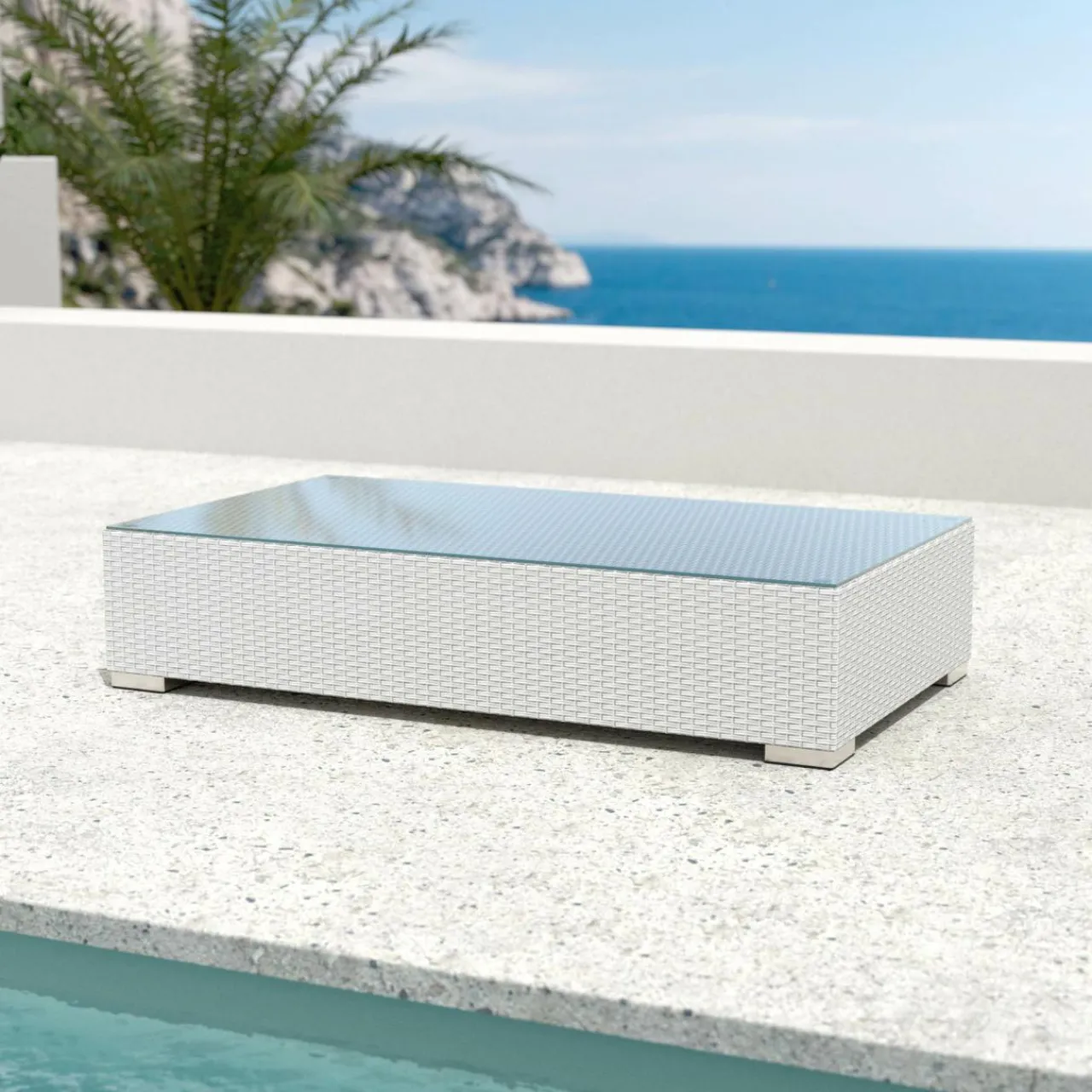 Salon De Jardin|MOBELLIA Salon de jardin en résine tressée 4 places 5 pcs Palma Blanc et gris Tresse Blanc - Gris