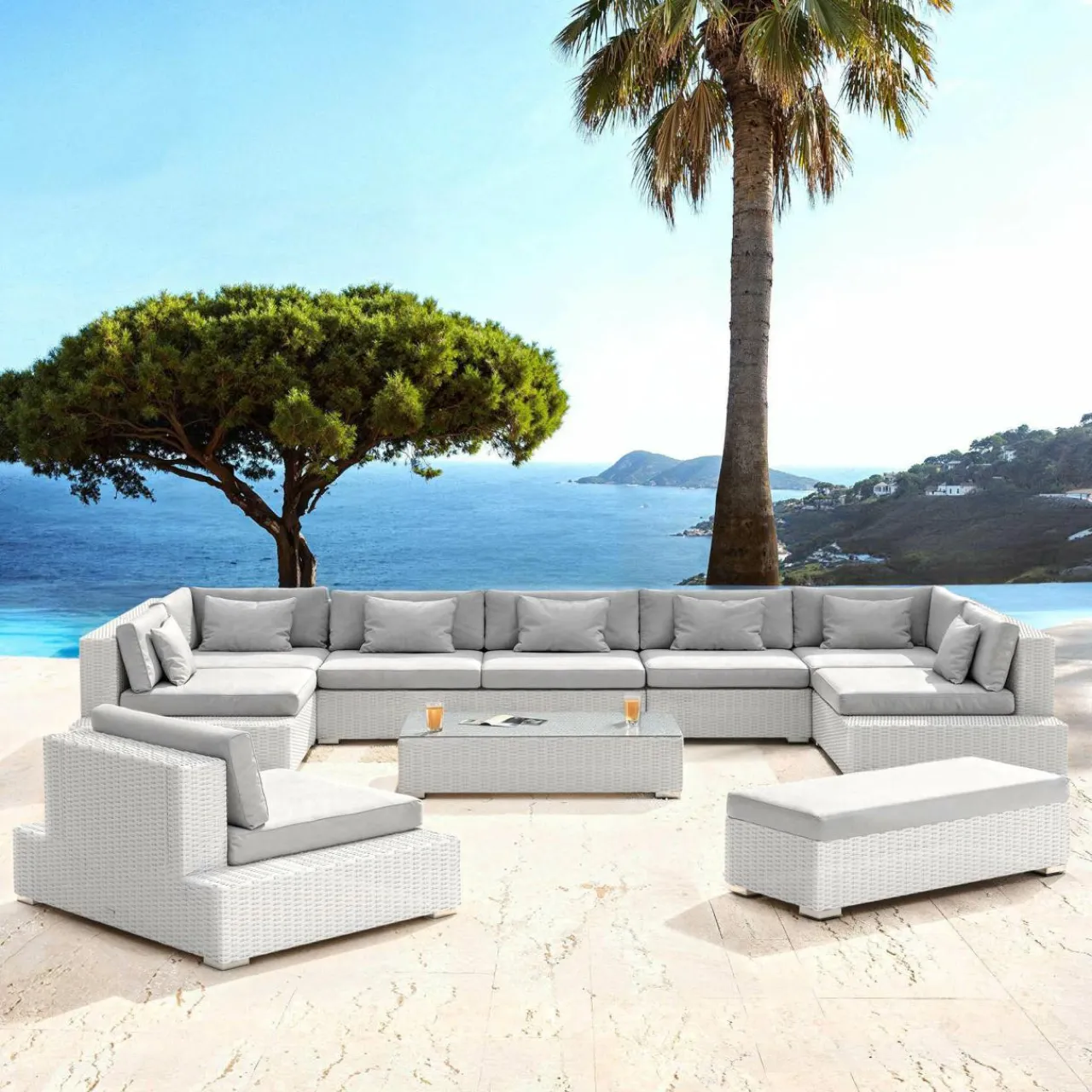 Salon De Jardin|MOBELLIA Salon de jardin en résine tressée 9 places 9 pcs Palma Blanc et gris Tresse Blanc - Gris