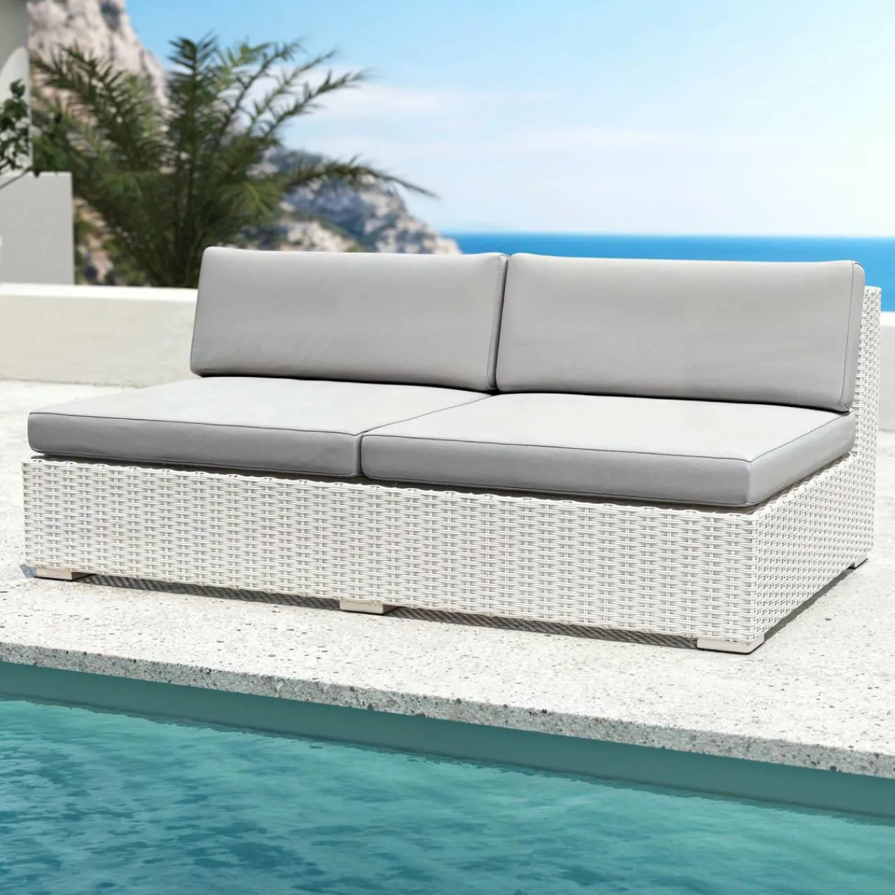 Salon De Jardin|MOBELLIA Salon de jardin en résine tressée 9 places 9 pcs Palma Blanc et gris Tresse Blanc - Gris