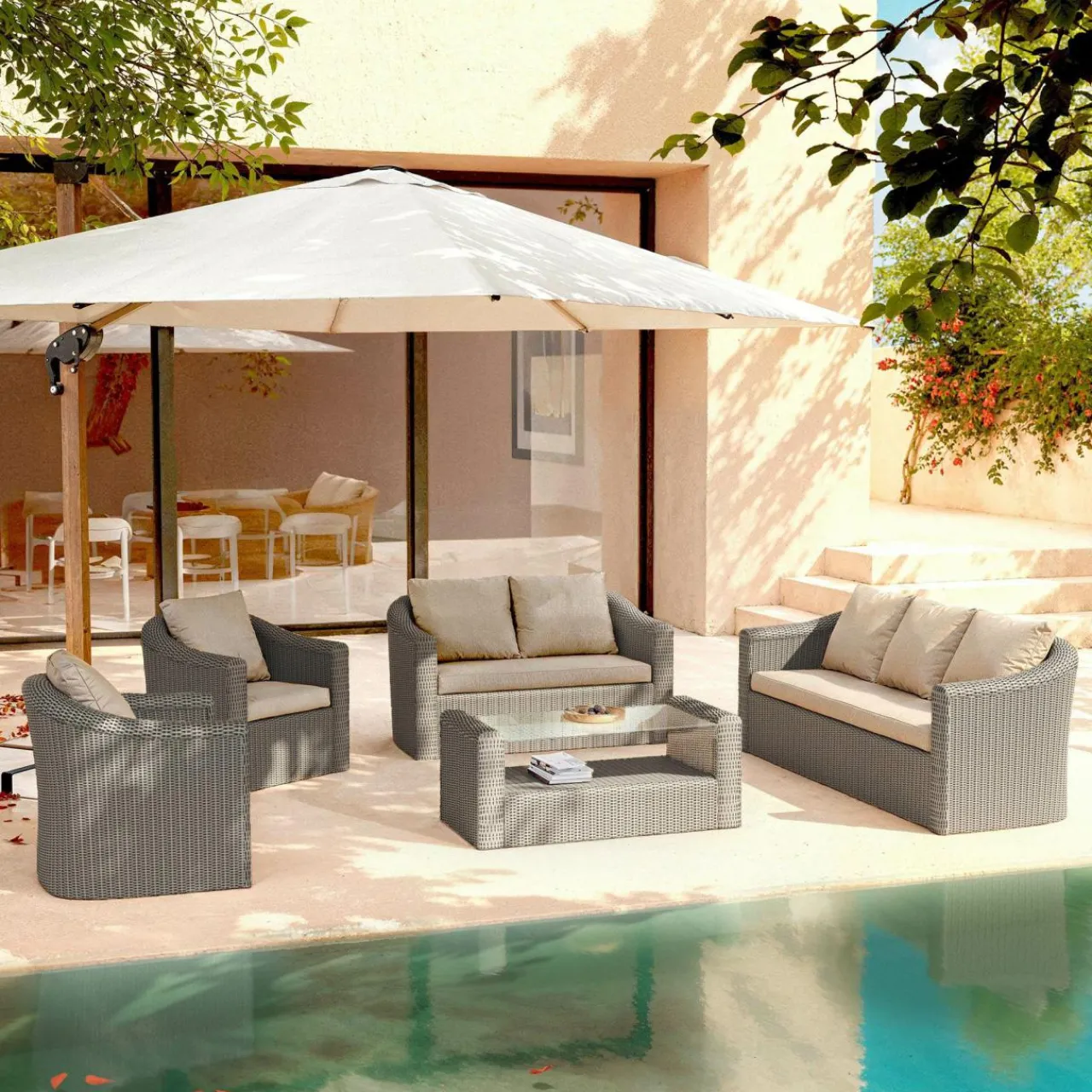 Salon De Jardin|MOBELLIA Salon de jardin en résine tressée 7 places 5 pcs Calvi Gris et taupe Tressé Gris - Taupe