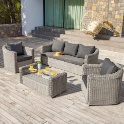 Salon De Jardin|MOBELLIA Salon de jardin en résine tressée 5 places 4 pcs Calvi Gris et gris foncé Tressé Gris - Anthracite