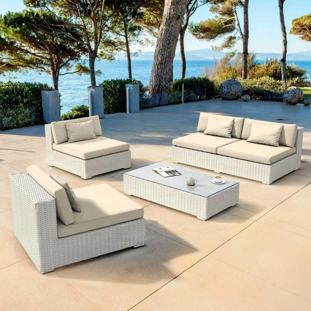 Salon De Jardin|MOBELLIA Salon de jardin en résine tressée 4 places 4 pcs Palma Blanc et beige Tresse Blanc - Beige