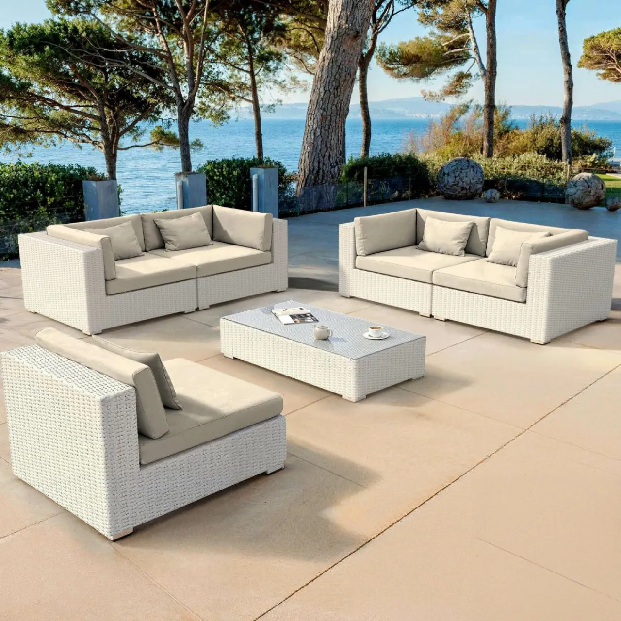 Salon De Jardin|MOBELLIA Salon de jardin en résine tressée 5 places 6 pcs Palma Blanc et beige Tresse Blanc - Beige